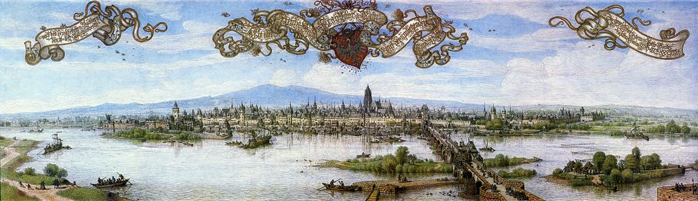 Frankfurt am Main at the beginning of the 17th century, water colour; transcript of the headline (from left to right):…