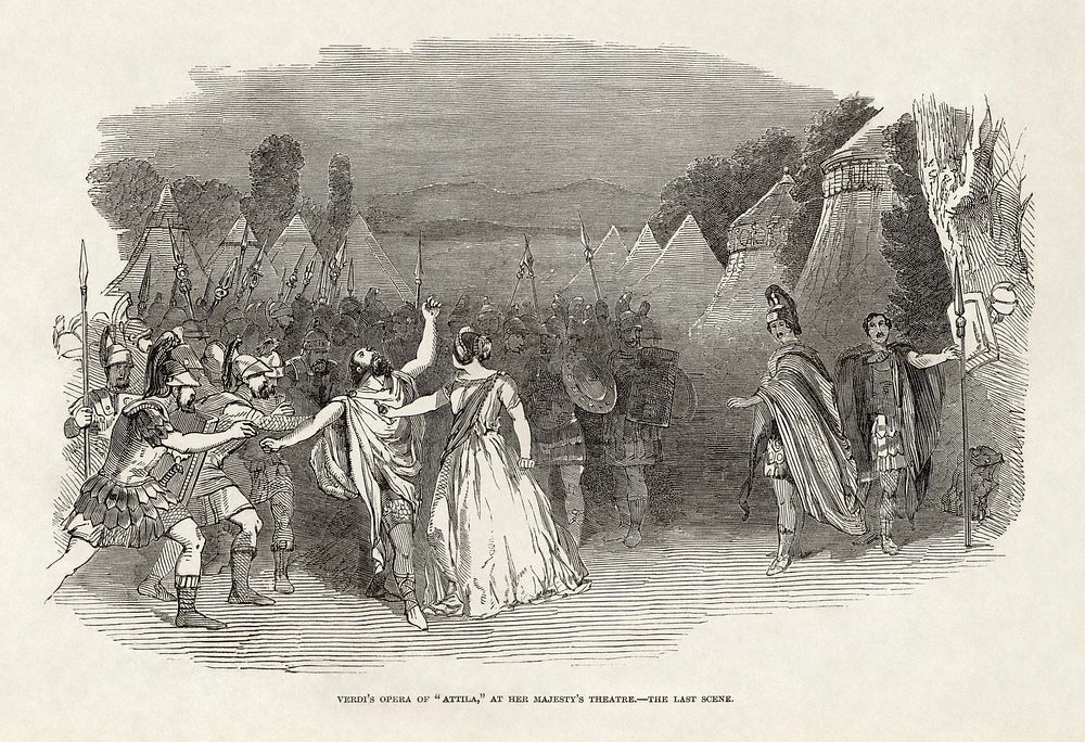 Giuseppe Verdi's Attila at Her Majesty's Theatre, London, from The Illustrated London News of April 15, 1848.