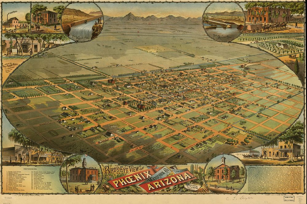 An 1885 lithograph of a bird's-eye view of the city of Phoenix, Arizona, created by C. J. Dyer and published by Schmidt…