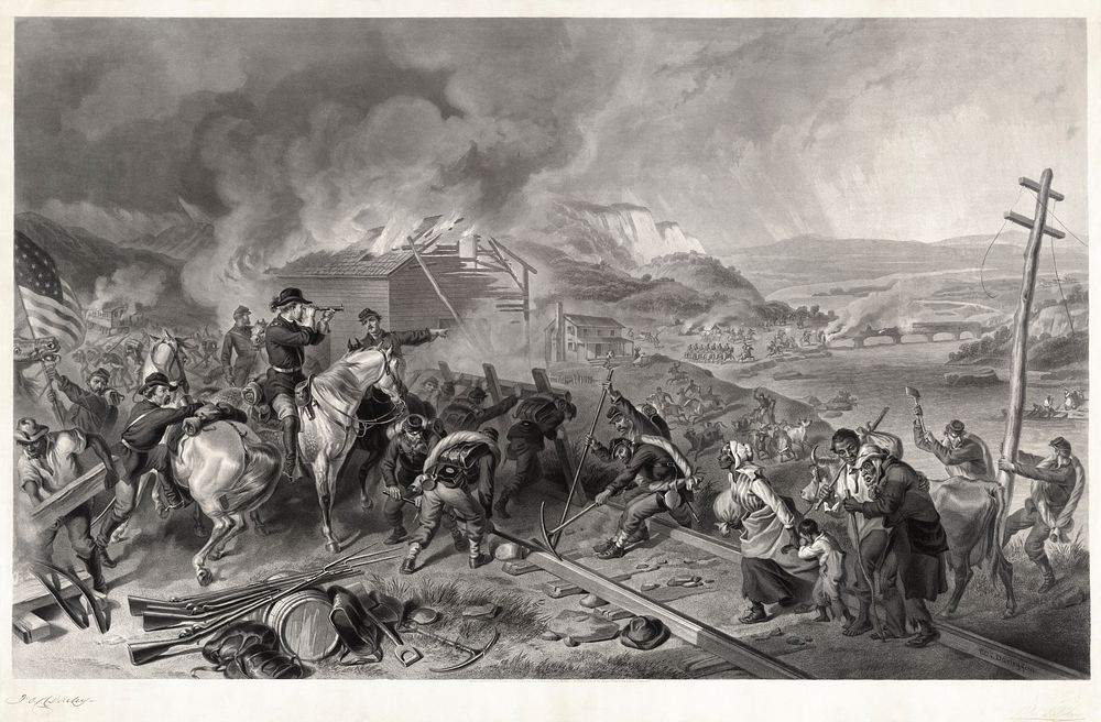 Engraving depicting Sherman's march to the sea.Size: 27 1/8 x 41 1/2 in.Original copyright: 1868 by L. Stebbins.