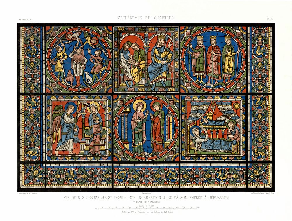 Monographia of the cathedral of Chartres, Chrome lithography of the stained glass window: The life of Jesus, Paris…