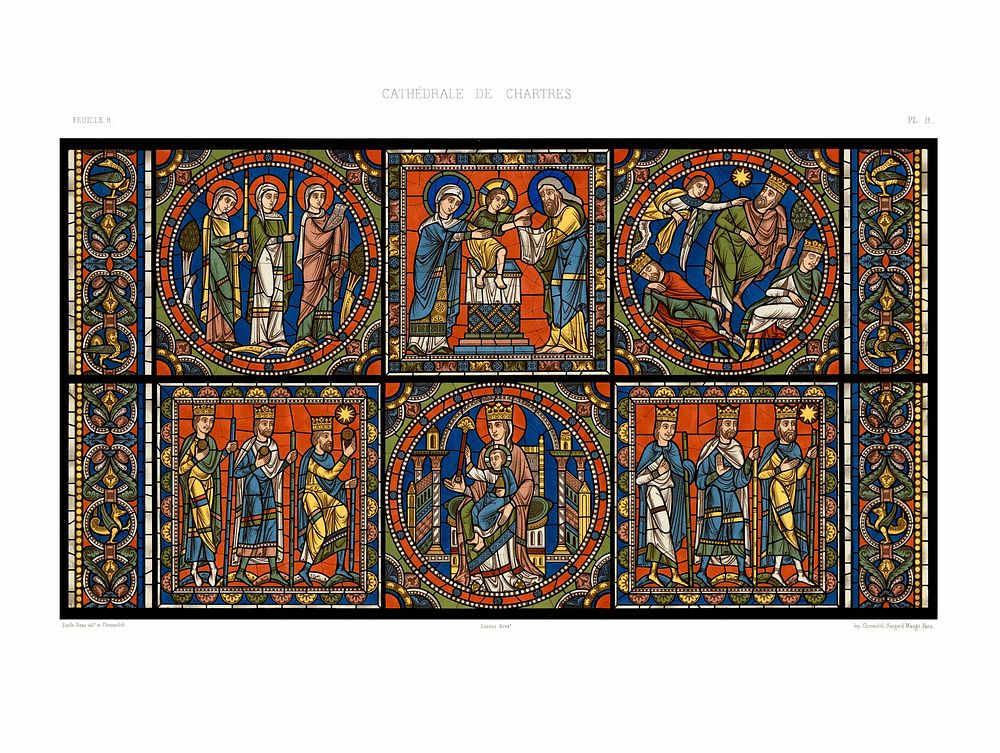 Monographia of the cathedral of Chartres, Chrome lithography of the stained glass window: The life of Jesus, Paris…