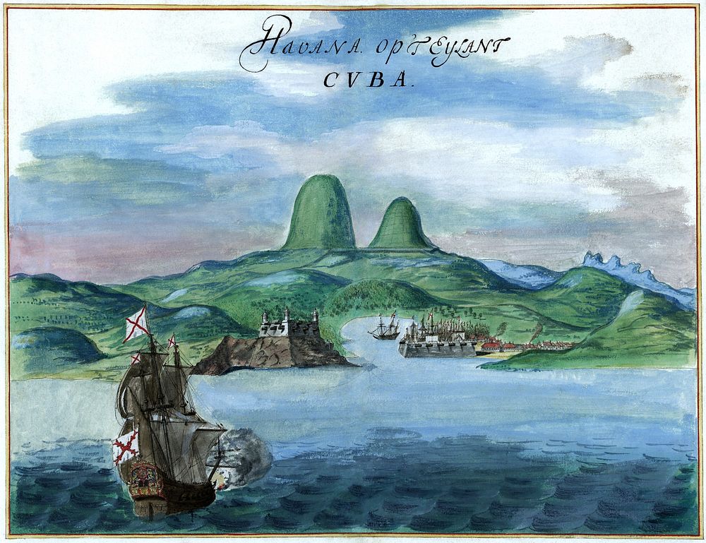 "Havana op 't Eylant CVBA." (Havana Harbor) Pen-and-ink and watercolor.