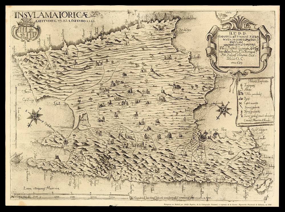 Map of the island of Majorca delineated by Vicente Mut and dated 1683. Place names in Catalan and legends in Latin.…
