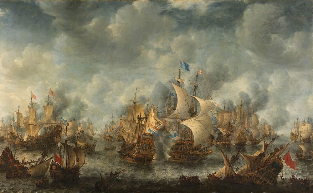 Naval battle near Ter Heijde on 10 August 1653, during the First Anglo-Dutch War. In the middle the Brederode, the Dutch…