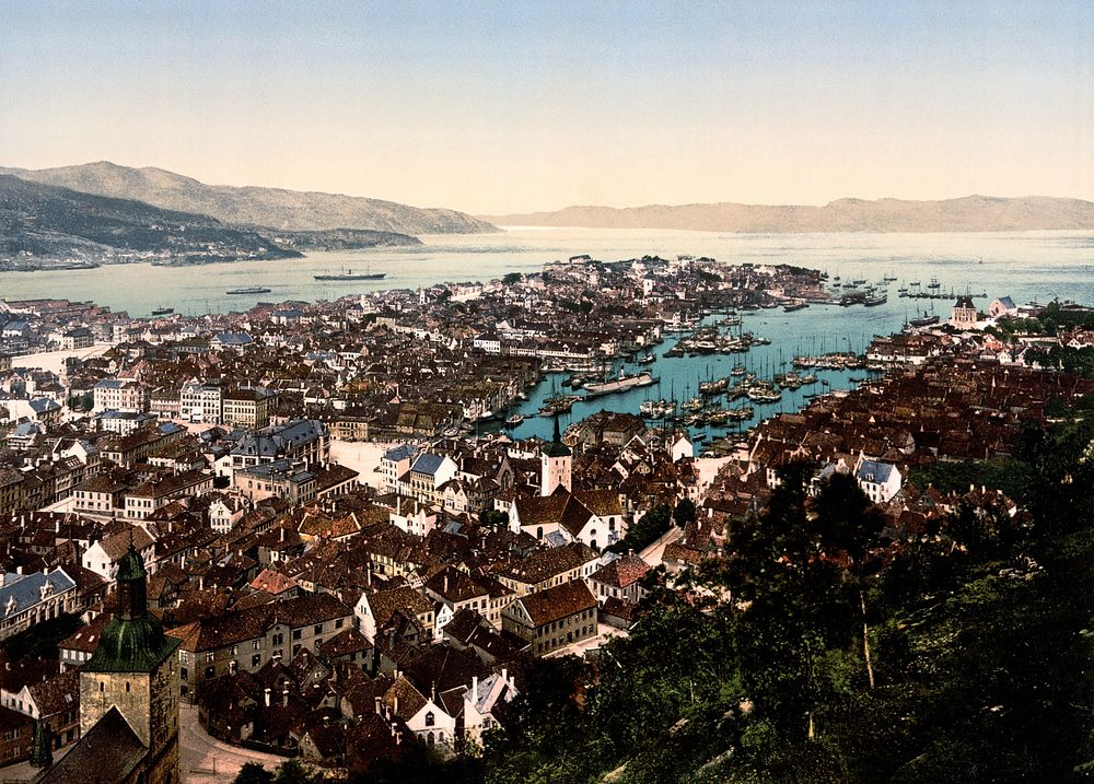 A panoramic view of the city of Bergen in Hordaland, Norway.