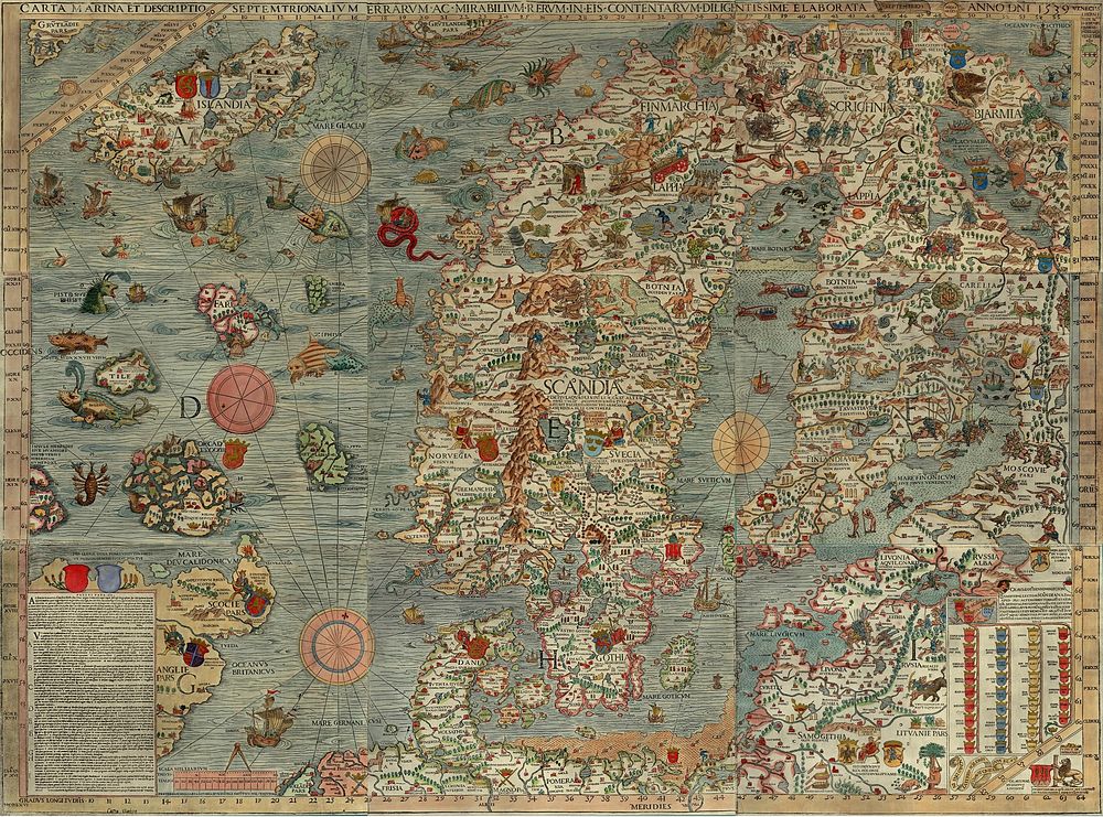 Carta marina, a wallmap of w:Scandinavia. The caption reads : Marine map and Description of the Northern Lands and of their…