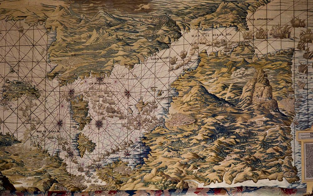 Map of Mediterranean Basin. First tapestry of the series dedicated to the Conquest of Tunis in 1535 by Charles V, Holy Roman…