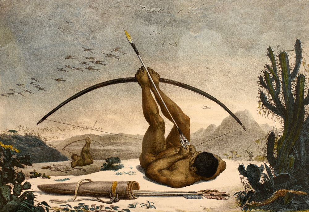 An Indian lying down displaying his extreme skill in handling the bow and arrow. It occupies the center of the image…