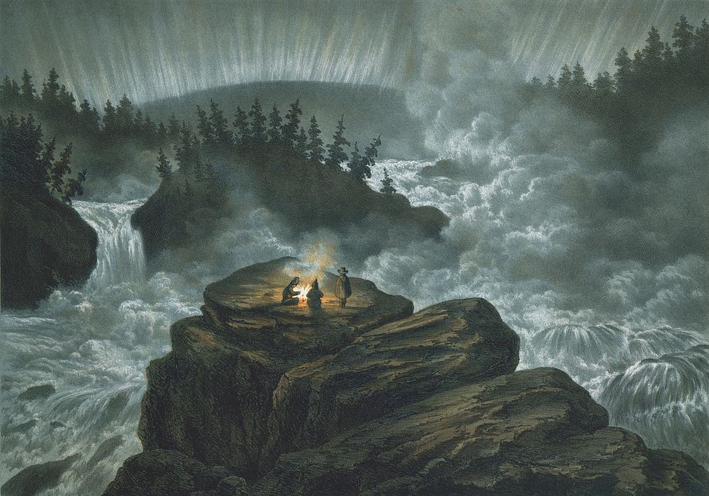 This chromolithograph from the year 1856 shows the waterfall Harsprånget in the polar night with the aurora borealis. The…