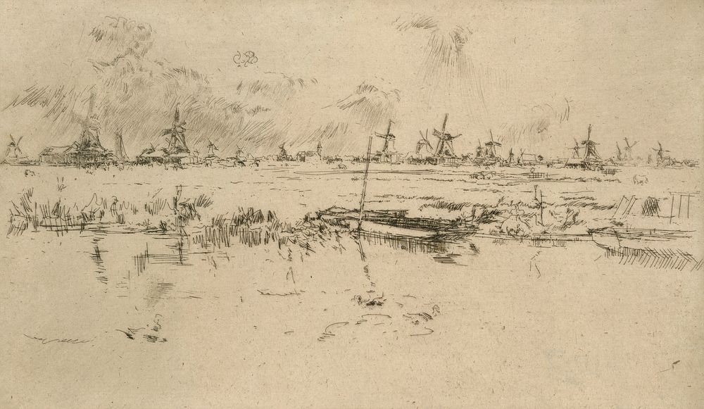 Zaandam (Holland prov., Netherlands, with windmills in background) 1 print: etching.