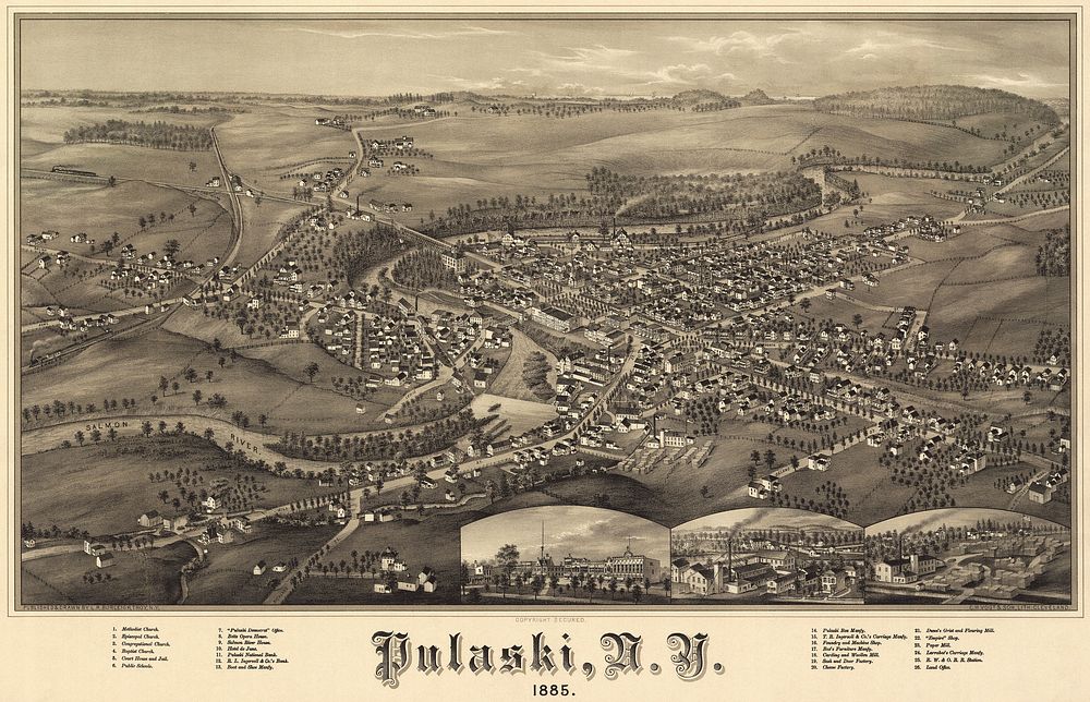 Pulaski, New York. Bird's eye view perspective map not drawn to scale.