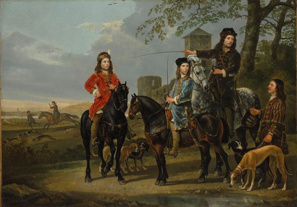Equestrian Portrait of Cornelis and Michiel Pompe van Meerdervoort with Their Tutor and Coachman is an equestrian portrait…