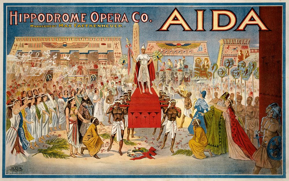 1908 poster for Giuseppe Verdi's Aida, performed by the Hippodrome Opera Company of Cleveland, Ohio.