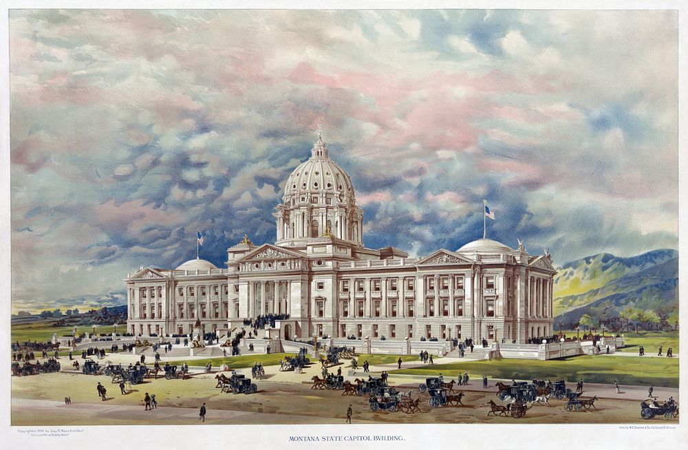 Print showing 1896 artist's conception of the state capitol building in Helena, Montana with busy street scene of carriages…