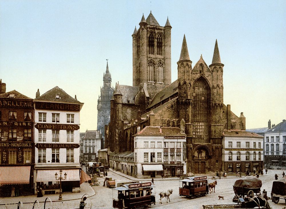 View of Saint Nicholas' Church and Klein Turkije, Korenmarkt, Ghent, Belgium. This image shows the state of the church…