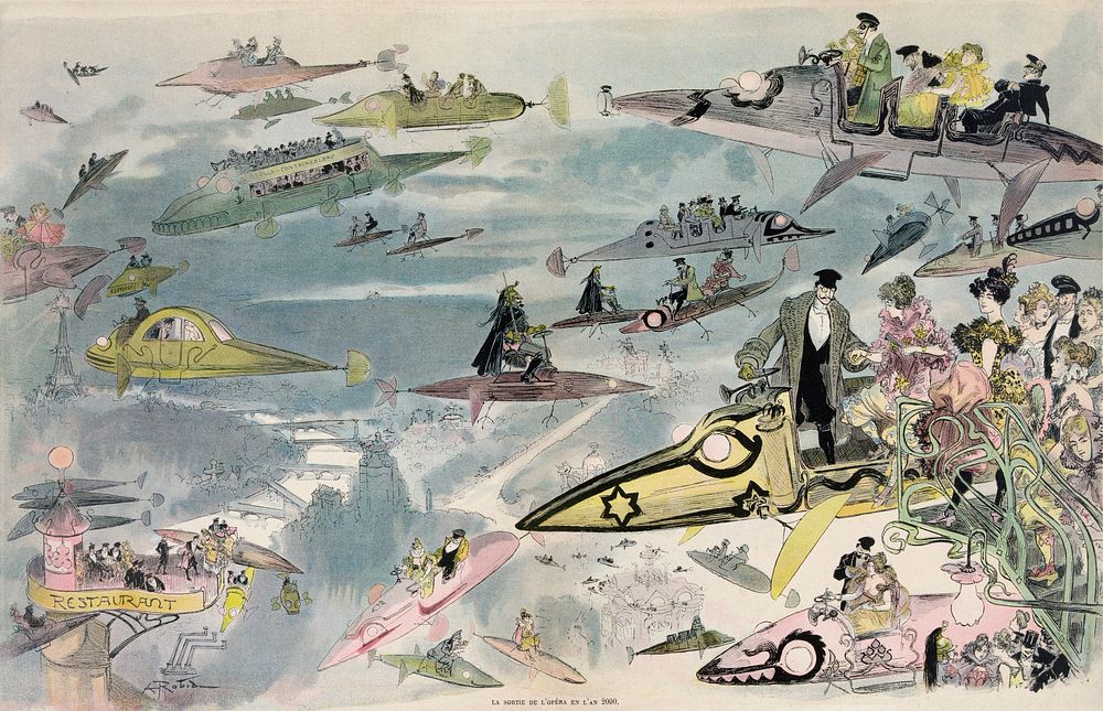 Print shows a futuristic view of air travel over Paris as people leave the Opera. Many types of aircraft are depicted…