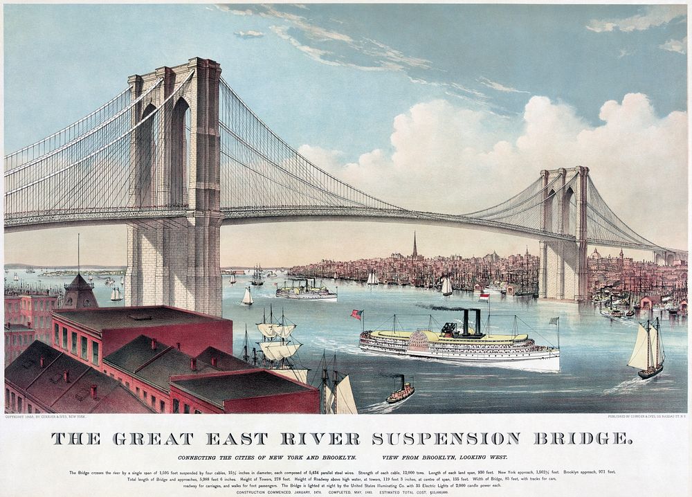 Chromolithograph of the Brooklyn Bridge in the City of New York, New York, United States, by Currier and Ives. Original…