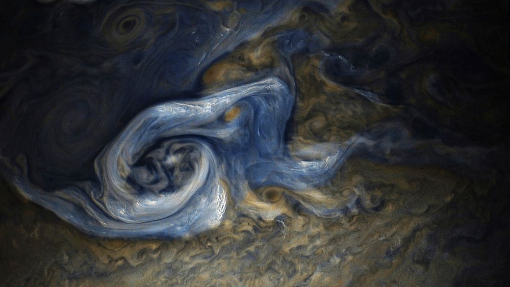 This color-enhanced image of a massive, raging storm in Jupiter's northern hemisphere was captured by NASA's Juno spacecraft…