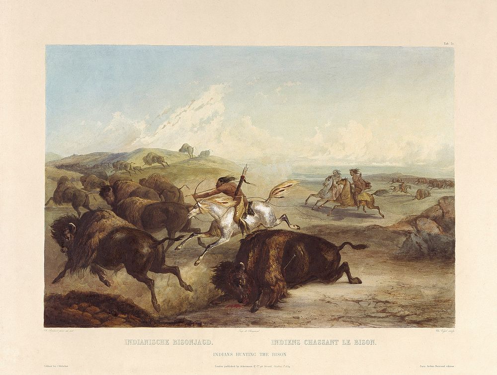 Karl Bodmer: Indians hunting the bison. Tableau 31. In: Maximilian zu Wied-Neuwied: Maximilian Prince of Wied’s Travels in…