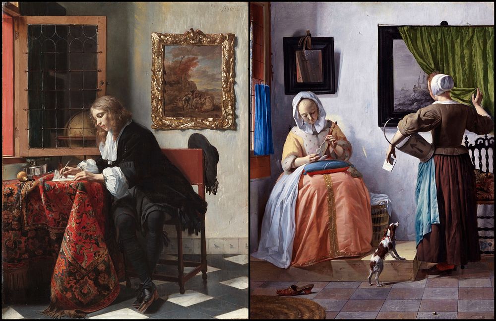 Man Writing Letter and Woman Reading Letter, two paintings by Gabriël Metsu combined into a dyptich