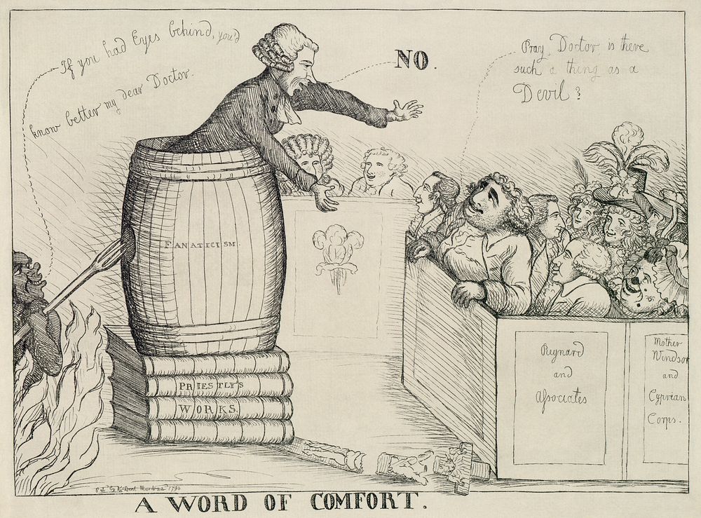"A British satire on the efforts of Charles James Fox to get the Test and Corporation Acts repealed. Joseph Priestley…