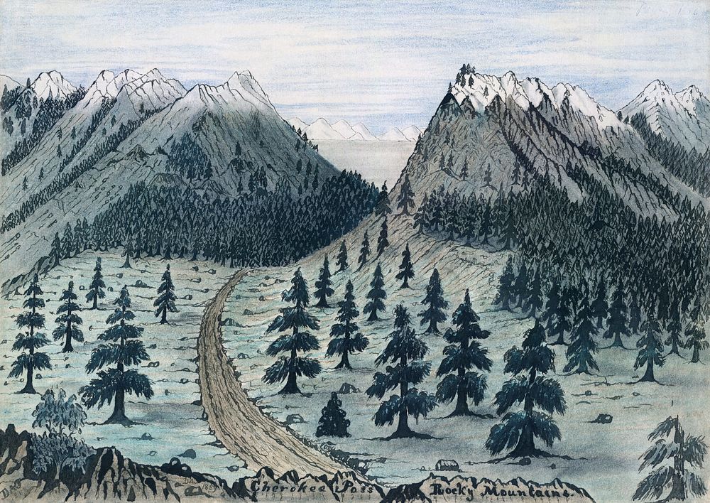 Rocky Mountains, Cherokee Pass: "Drawing shows a dirt trail among pine trees leading toward a heavily forested pass between…