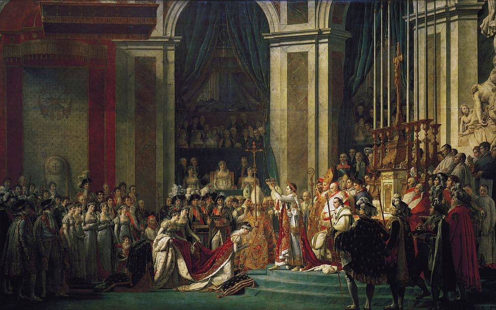 Joséphine kneels before Napoléon during his coronation at Notre Dame. Behind him sits pope Pius VII.