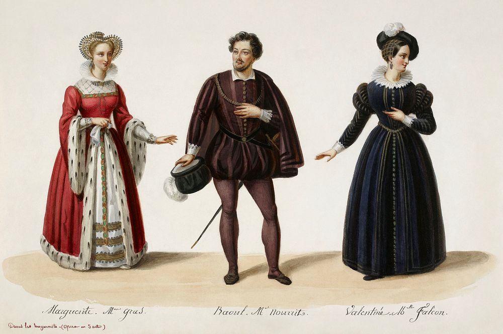 Costume designs for Giacomo Meyerbeer's Les Huguenots, No 2. Julie Dorus-Gras as Marguerite, Adolphe Nourrit as Raoul, and…