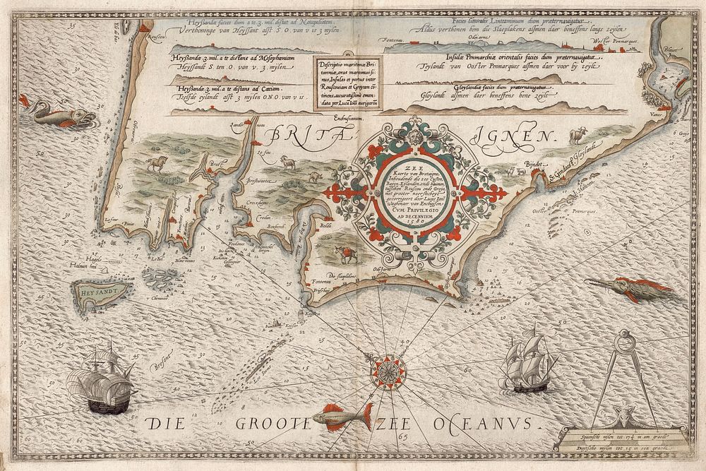 Български: Мореплавателна карта от 1580 г. на западния бряг на п-ов Бретан включена в атласа Spieghel des Zeevaerdt на…