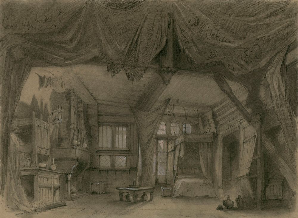Sketch for the set of Act III, Scene 2 of La Esmeralda, an opera by Louise Bertin