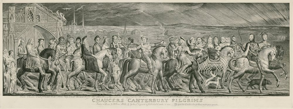 The Canterbury Pilgrims Copper engraving printed on paper. Approximately 1 × 3 ft. Multiple impressions in various…