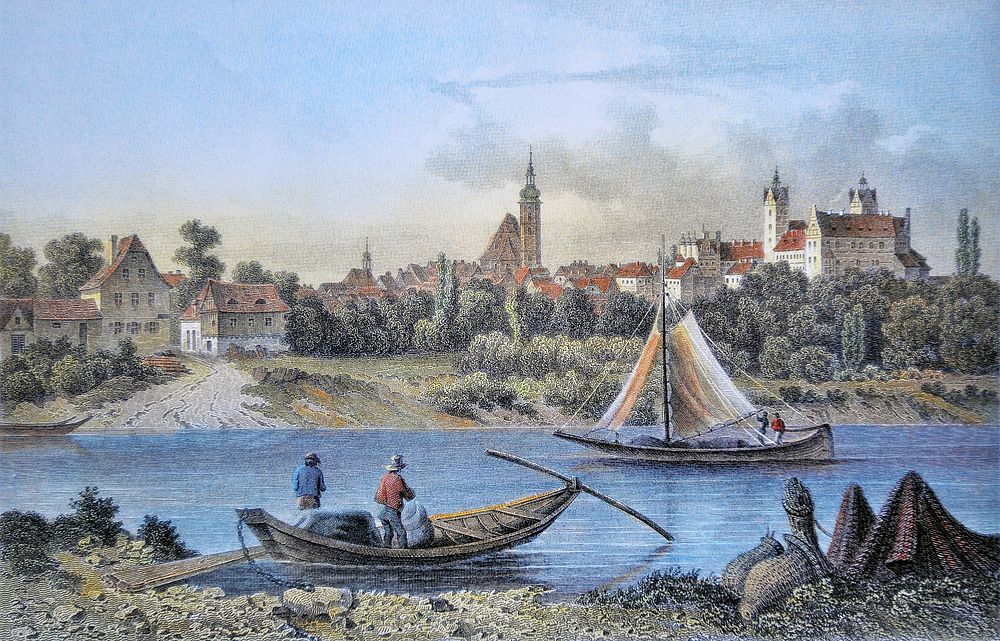 Fishermans from Lorenzkirch in front of Strehla, Saxony, Germany. Coloured steel engraving "Strehla (in Sachsen)" by J.…
