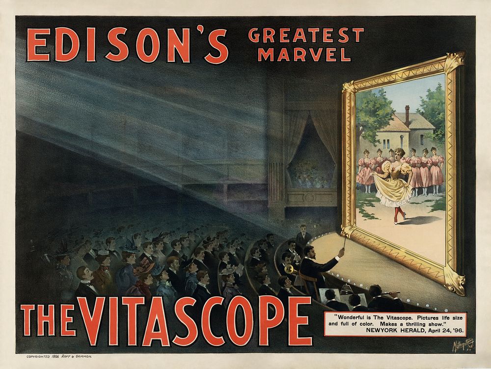 Poster for The Vitascope showing a movie audience, watching a large screen with women dancing on it. A small orchestra plays…