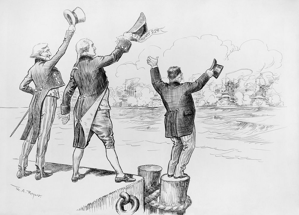 "Welcome home!" Political cartoon noting the return of the Great White Fleet to its home port at Hampton Roads, Virginia…