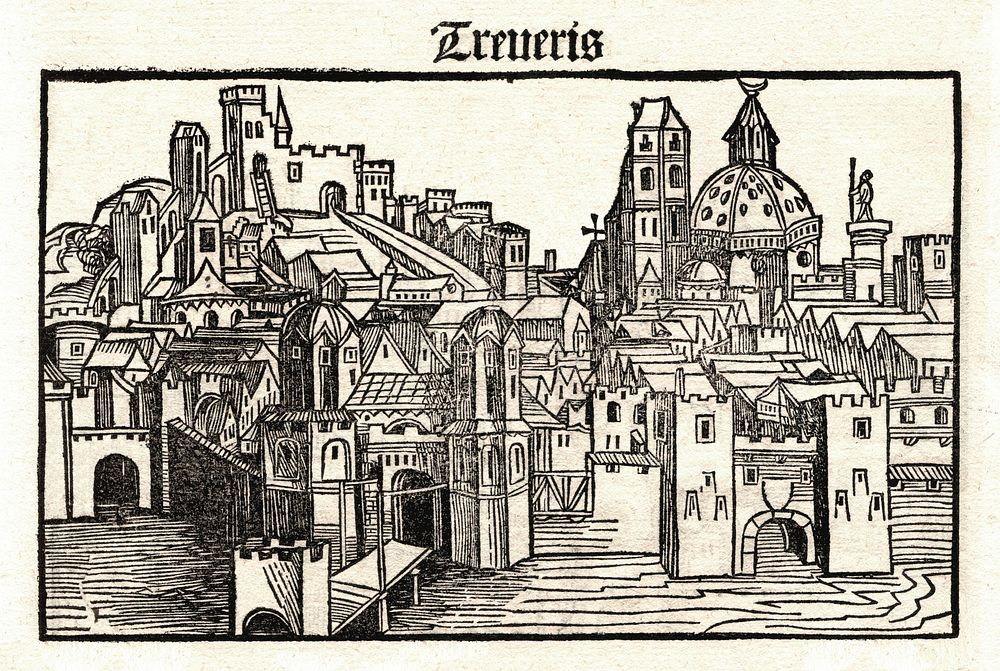 View of Trier in Schedel's World History, woodcut by Michael Wolgemut, printed in the very rare pirated edition of 1497 by…