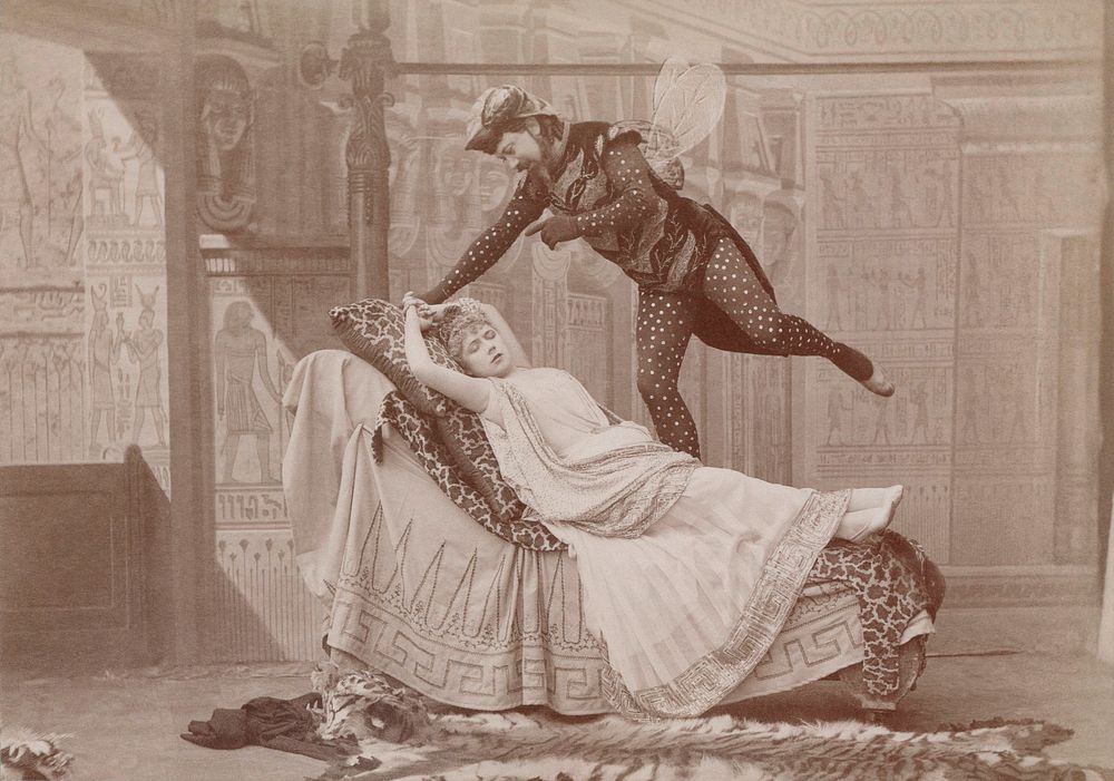 Jeanne Granier (Eurydice) and Eugène Vauthier (Jupiter) in the famous fly scene from Jacques Offenbach's Orphée aux enfers.…