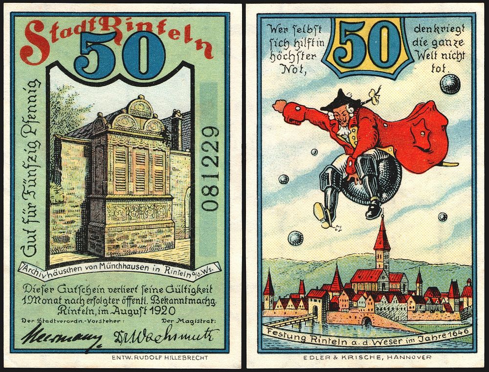 50 Pfennig "Notgeld" banknote of Rinteln, RV: The fictional character Baron Munchausen is riding on a cannonball…