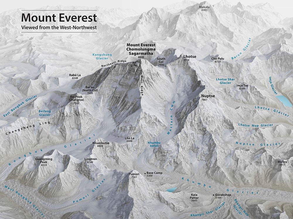 Mount Everest 3D Map by Tom Patterson, with English annotation, based on data from the US National Snow and Ice Data Center…