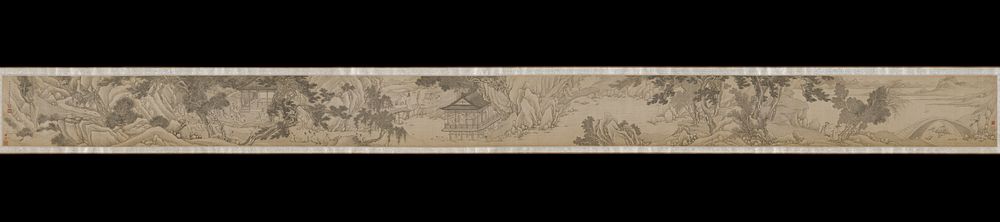 male figures and attendants in a lush landscape with water and buildings; text at front (partially on mount) and back.…