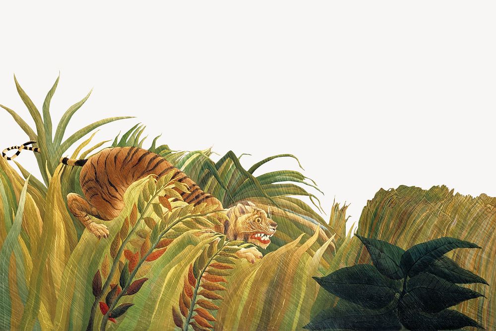 Rousseau collage element border, Tiger in a Tropical Storm psd, remixed by rawpixel