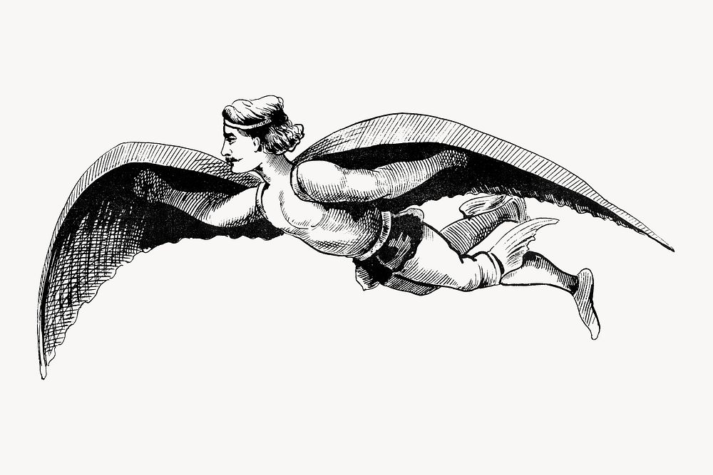 Aerialist wearing wings strapped to her shoulders, vintage illustration
