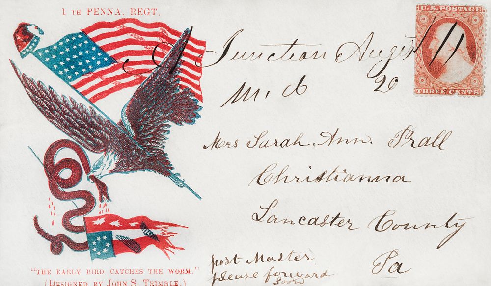 Civil War envelope showing an eagle carrying an American flag (1861) by John S Trimble. Original from the Library of…