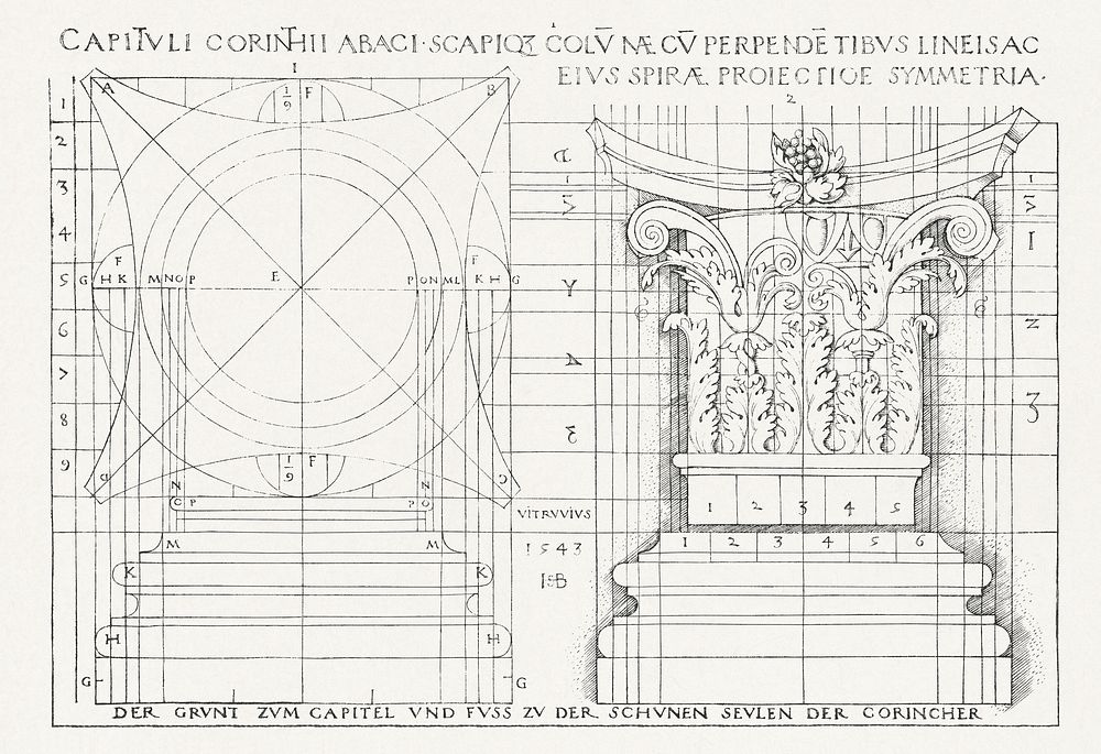 Ground plan, base, and capital of a Corinthian Column (1543) by Sebald Beham. Original from The Minneapolis Institute of…