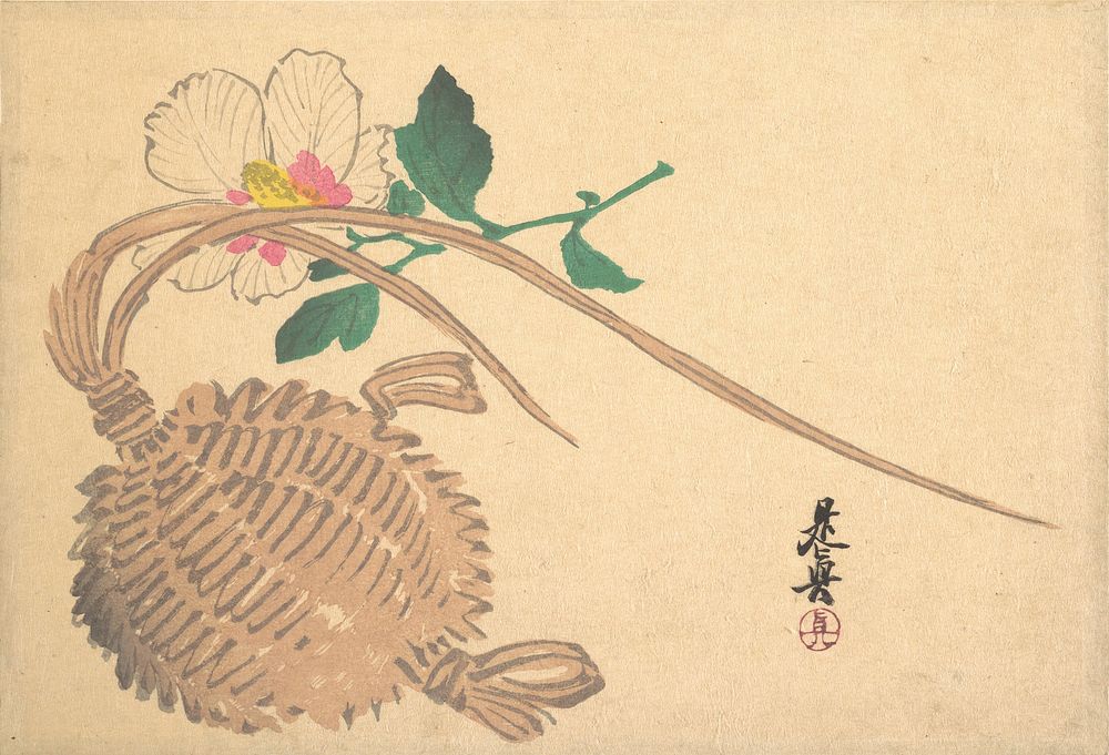 Straw Basket for Fish and Mokuge Flower (1875) by Shibata Zeshin.