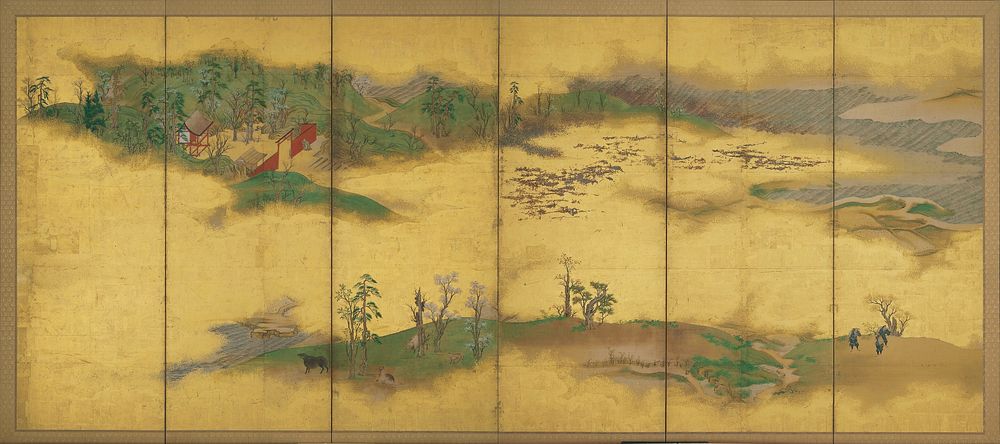 Unsigned; hilly landscape with four figures, a shrine in red-orange, and grazing oxen; gold covers majority of surface and…