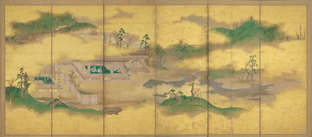 Unsigned; hilly landscape with stream and flowering trees; an open-air residential structure spans the first three panels…