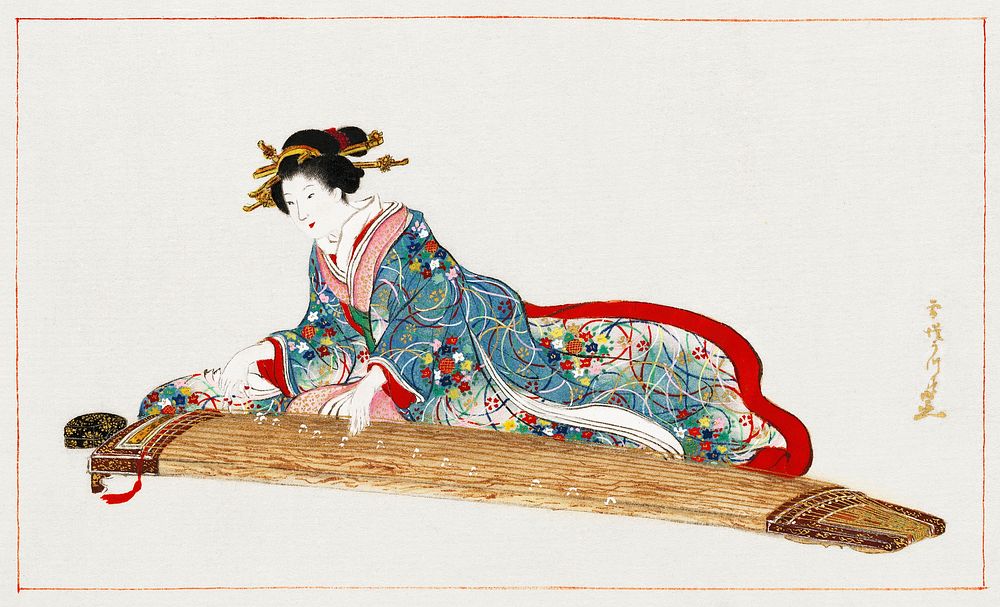 Japanese woman playing koto (1819-1882) vintage woodblock print by Hasegawa Settei. Original public domain image from the…