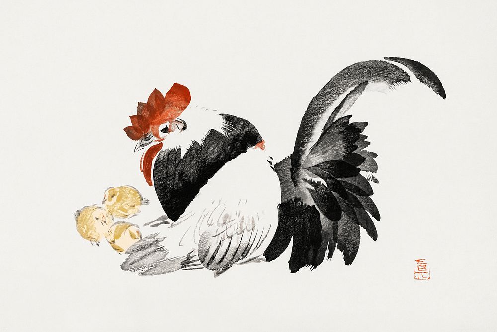 Japanese rooster and chicks (1615-1868) vintage woodblock print by Shibata Zeshin. Original public domain image from The…