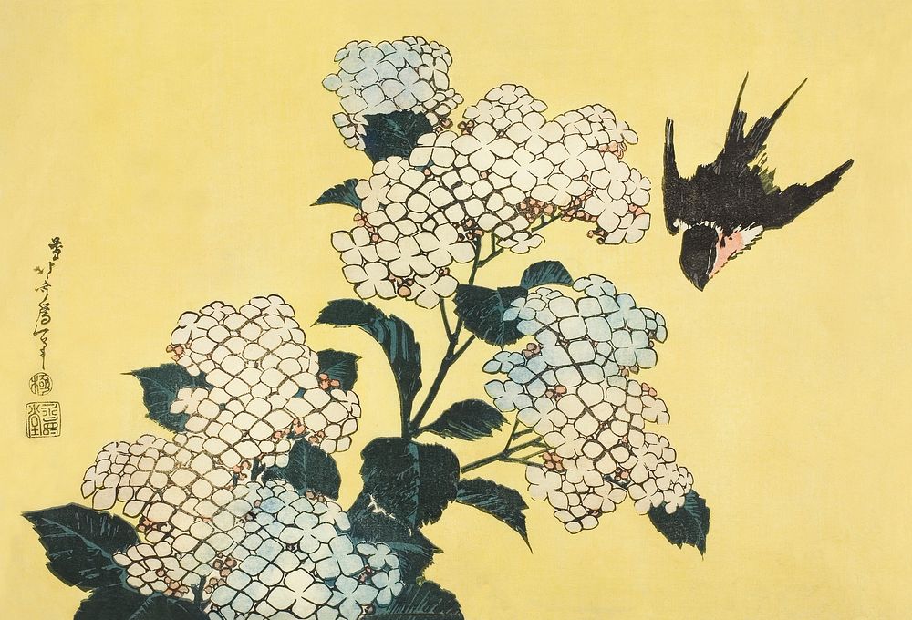 Hokusai's hydrangea and swallow (1833) color woodblock print. Original public domain image from the Minneapolis Institute of…